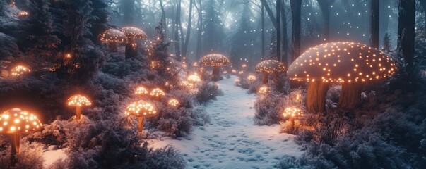 A magical forest scene featuring glowing mushrooms amidst a snowy landscape, creating an enchanting and whimsical atmosphere.