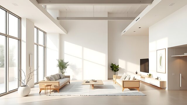 revit. Modern architectural interior with simple furniture and natural ambient lighting. real-estate listings, architecture portfolios, designed for interior renovation comparisons for interiors.