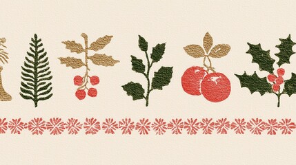 Christmas Vintage Illustration with Holly, Berries, Pine Branches and Festive Foliage in Textured Art Style, Featuring Red Border Pattern, Ideal for Holiday Wallpaper, Poster, Seasonal Decor