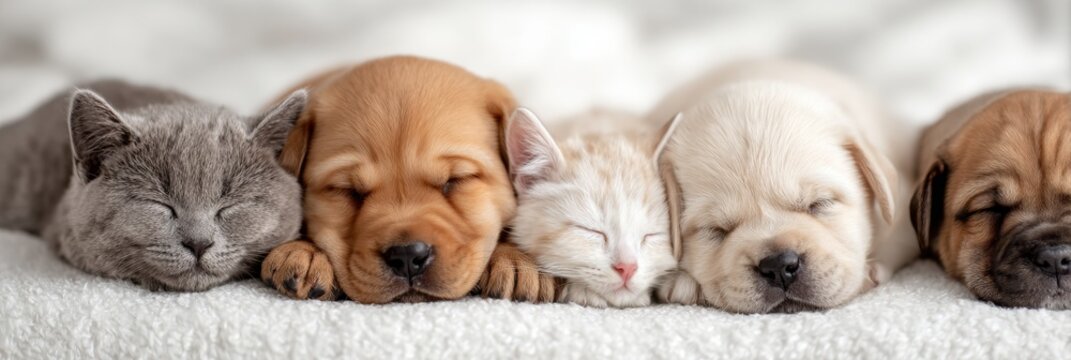 Sleeping Kittens and Puppies Rest Together on a Soft White Blanket in Peaceful Pastel Shades