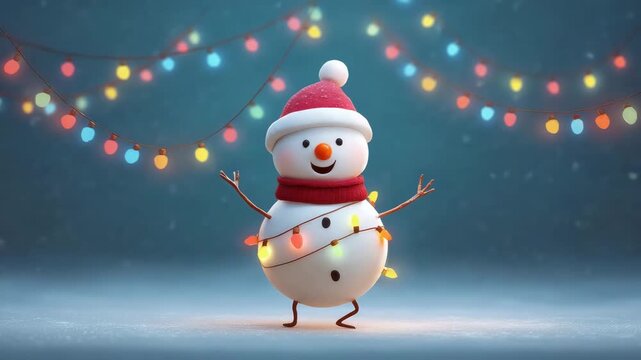cute happy dancing snowman decorated with fairy lights illustrated animation
