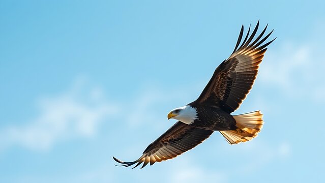 subjugating. Eagle soaring high in clear sky with sharp gaze focused on ground movement. wildlife magazines, conservation campaigns, designed for wildlife conservation campaigns.