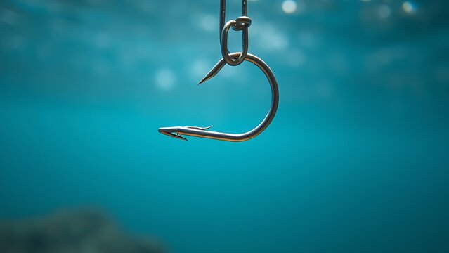 limnetic. Close-up of a metallic fish hook submerged in clear blue water. wildlife magazines, conservation campaigns, designed for eco-tourism storytelling, celebrates biodiversity.