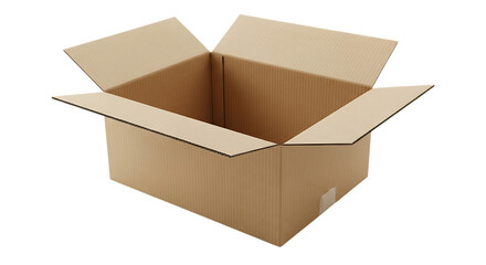 Open empty brown cardboard shipping box with flaps extended on a black background studio shot
