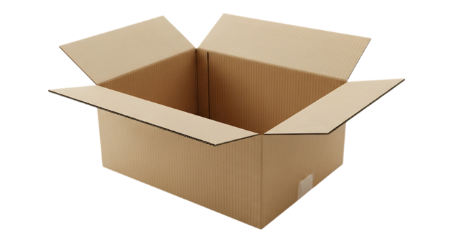 Open empty brown cardboard shipping box with flaps extended on a black background studio shot