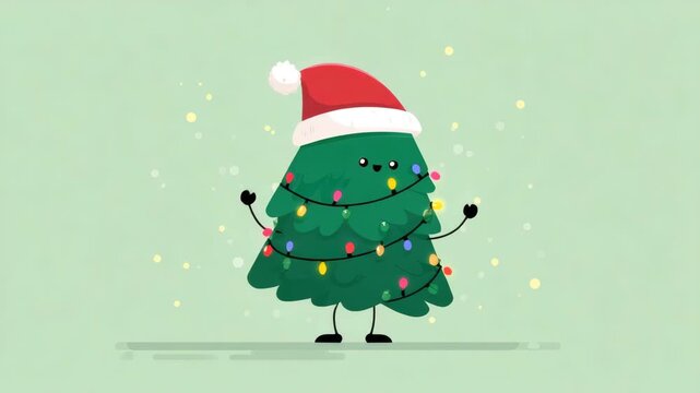 cute happy dancing christmas tree decorated with fairy lights illustrated animation