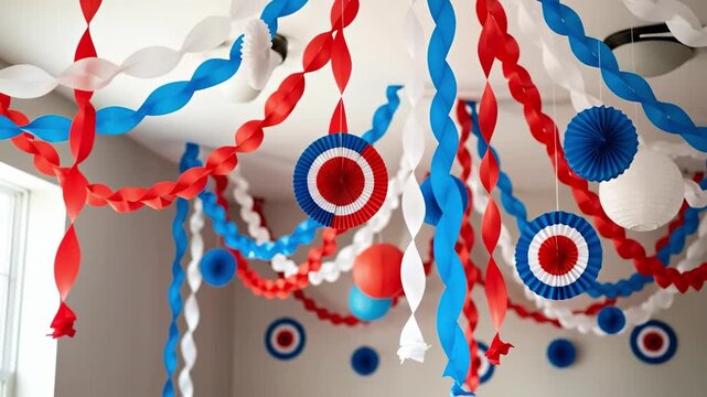 Colorful Red, White, and Blue Decorations Hanging from Ceiling in Celebration of a Festive Event, Featuring Spirals and Round Paper Accents in a Cheerful Atmosphere
