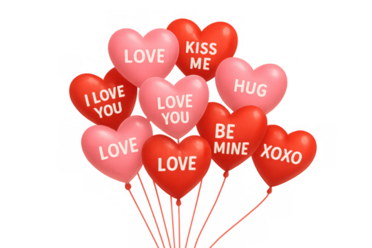 Heart shaped balloons in pink and red colors featuring loving text messages, symbolizing affection, passion, and romantic celebration