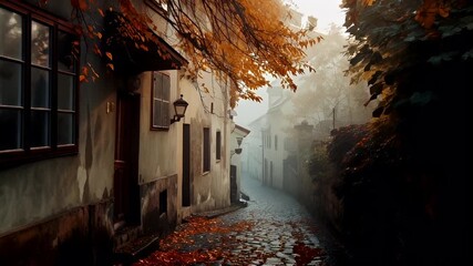 Prague, Czech Republic, Europe. A detailed, atmospheric portrayal of a serene, autumnal alleyway. The scene is dominated by a cobblestone path, flanked by buildings on either side.