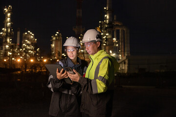 Engineers Conducting Night Inspection at Refinery