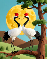 Obraz premium Two cranes sitting on a branch 