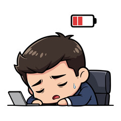 Exhausted Businessman Sleeping on Laptop with Low Battery Indicator Overhead