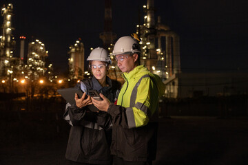 Engineers Conducting Night Inspection at Refinery