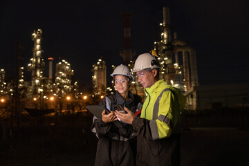 Engineers Conducting Night Inspection at Refinery