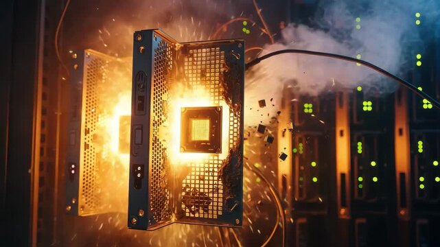 Computer hardware failure, explosion, and sparks in a server room, data center disaster