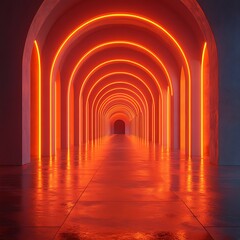 Obraz premium Dark architectural corridor with glowing orange neon arches and wet reflections abstract photo