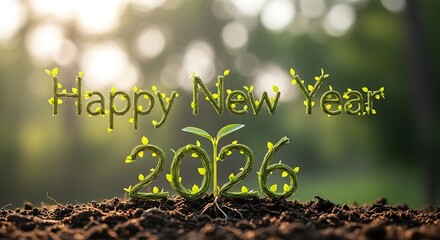 Happy new year with the year 2026 displayed with plants and leaves on soil against a blurred background