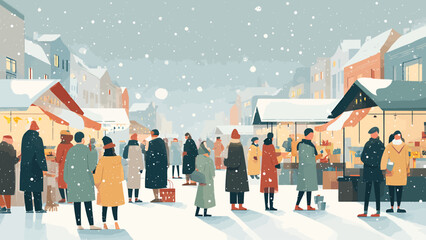 A vibrant flat design illustration capturing the festive atmosphere of a European Christmas market, with shoppers enjoying stalls under falling snow and warm lights. 