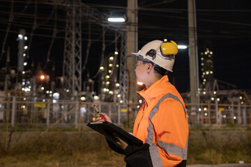 Engineers Conducting Night Inspection at Refinery