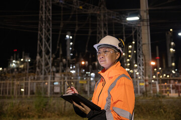 Engineers Conducting Night Inspection at Refinery