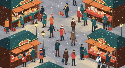 A vibrant flat design illustration capturing the festive atmosphere of a European Christmas market, with shoppers enjoying stalls under falling snow and warm lights. 