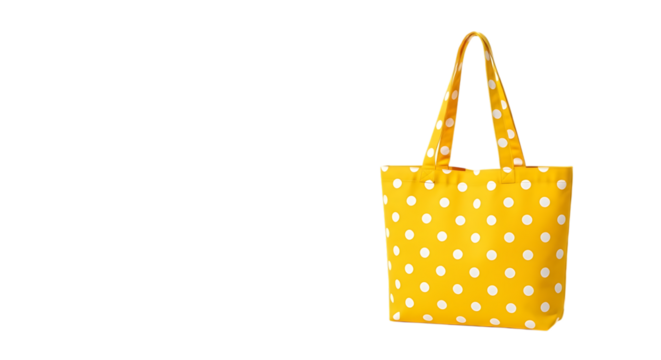 Bright yellow fabric tote bag with a white polka dot pattern hanging against a solid black background - Powered by Adobe