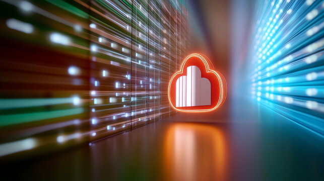 A vibrant representation of cloud technology with glowing lights and digital elements, symbolizing innovation and data connection.
