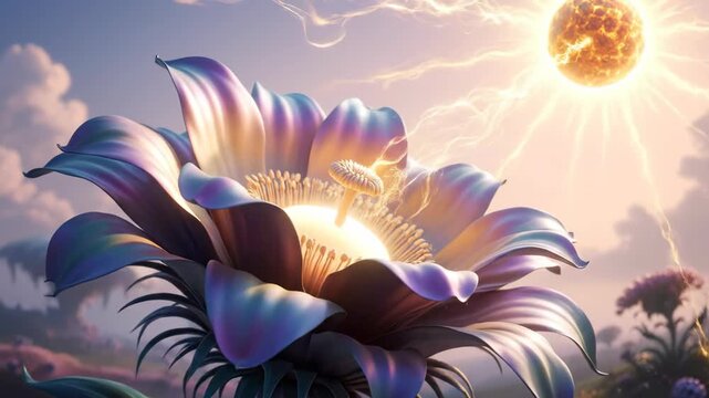 Surreal flower blooms under a radiant celestial sun in a dreamscape