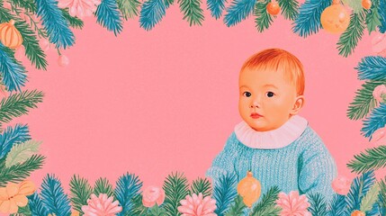 Christmas Vintage Illustration with Baby in Blue Sweater, Festive Pine Branches, Ornaments and Flowers on Pink Background, Ideal for Holiday Wallpaper, Poster, Seasonal Decor and Design Inspiration