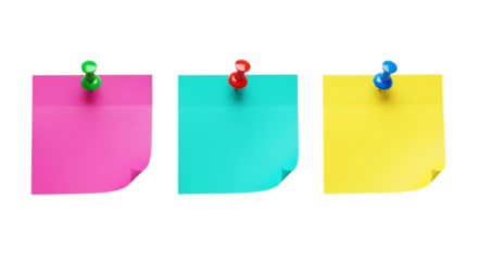 Three colorful sticky notes pinned to a black background with a green blue and red thumbtack