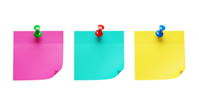 Three colorful sticky notes pinned to a black background with a green blue and red thumbtack - Powered by Adobe