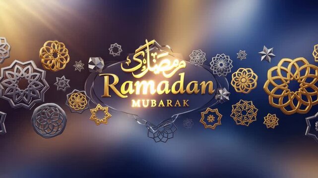 Ramadan mubarak greeting with islamic geometric patterns and golden arabic calligraphy