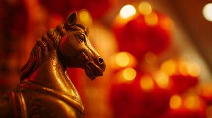 Fototapeta premium Golden horse with red Chinese lanterns — elegant festive composition symbolizing success, power, and the Year of the Horse in Chinese zodiac, perfect for Lunar New Year 2026 greetings, posters