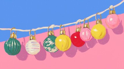 Christmas Colorful Ornament String Illustration with Pink and Blue Background, Featuring Painted Balls in Green, Yellow, Red, White, Ideal for Holiday Wallpaper, Poster, Seasonal Decor and Design