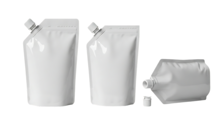 Three blank white flexible pouches with spouts and caps isolated on a black background for product mockup