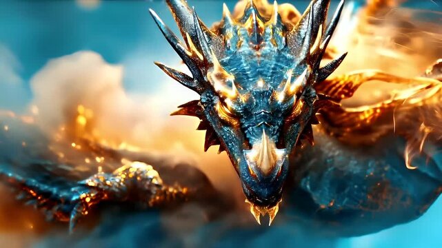 A vivid, highresolution digital artwork of a fiery dragon. The dragon is depicted in a dynamic pose, with its mouth open, revealing sharp teeth and glowing eyes.