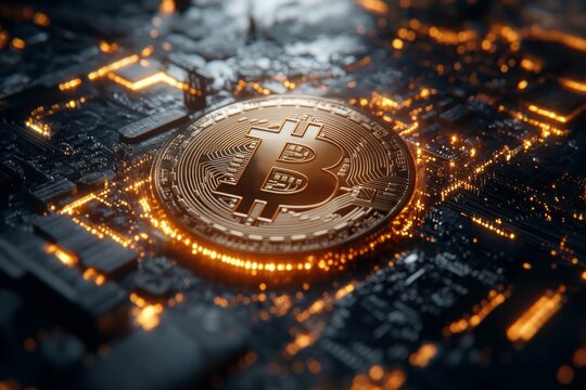 Bitcoin Coin On Circuit Board