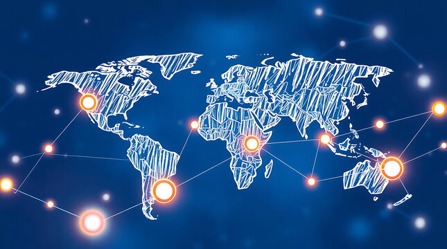 Global network connectivity concept with glowing data points linked across a stylized world map on a blue background, illustrating worldwide communication and digital infrastructure.