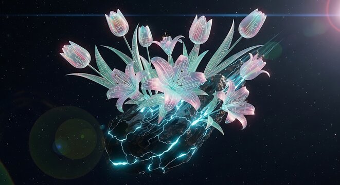 Futuristic floral display with tulips and lilies blooming from an electrifying asteroid in deep space