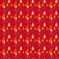 Seamless Christmas Tree Pattern on Red Background. Festive Holiday Design.