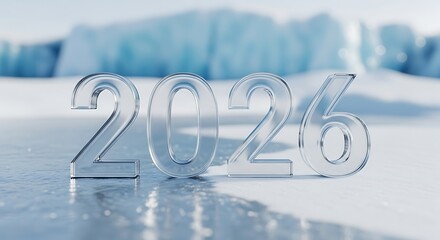 Glassy numbers spelling out the year twenty twenty six on a snowy landscape with icebergs behind them