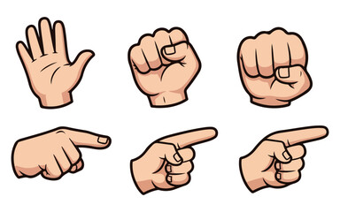 Six Cartoon Hands Showing Open Palm, Fist, and Pointing Gestures on White Background