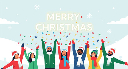 Fototapeta premium Diverse group of happy people celebrating christmas with confetti and snowflakes falling in a winter landscape