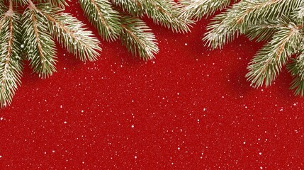 Christmas Festive Background with Snow-Covered Pine Branches and Snowflakes on Red Glitter Texture, Ideal for Holiday Wallpaper, Poster, Seasonal Decoration and Design Inspiration