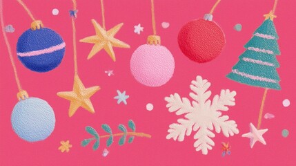 Christmas Cute Textured Illustration with Ornaments, Stars, Snowflake, Mini Tree and Festive Elements on Pink Background, Ideal for Holiday Wallpaper, Poster, Seasonal Decor and Design Inspiration