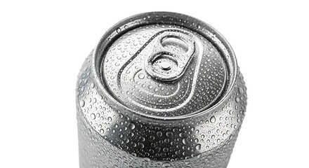 Close up top view of a cold refreshing aluminum soda can covered in condensation droplets