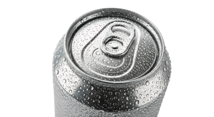 Close up top view of a cold refreshing aluminum soda can covered in condensation droplets