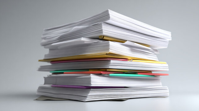 A large stack of paper documents of different color dividers. A lot of paperwork and a chaotic workspace