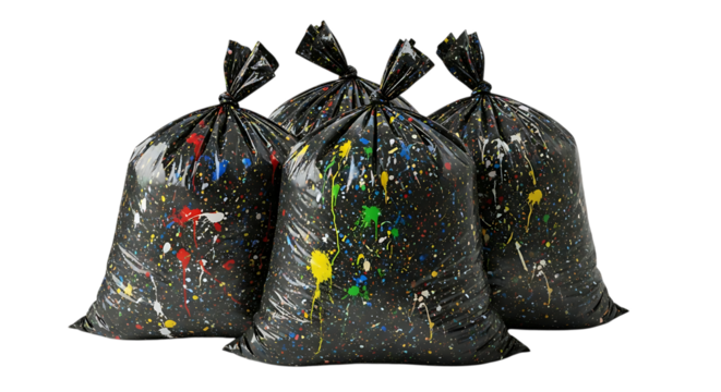 Three full black trash bags filled with colorful recycled plastic bottle caps against a dark background