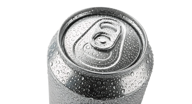 Close up top view of a cold refreshing aluminum soda can covered in condensation droplets